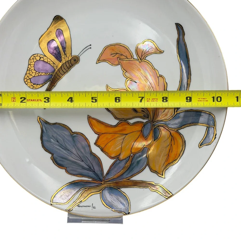 Vtg Diamante Hand Painted Butterfly Flower Floral Porcelain Plate Gold 1986 10in